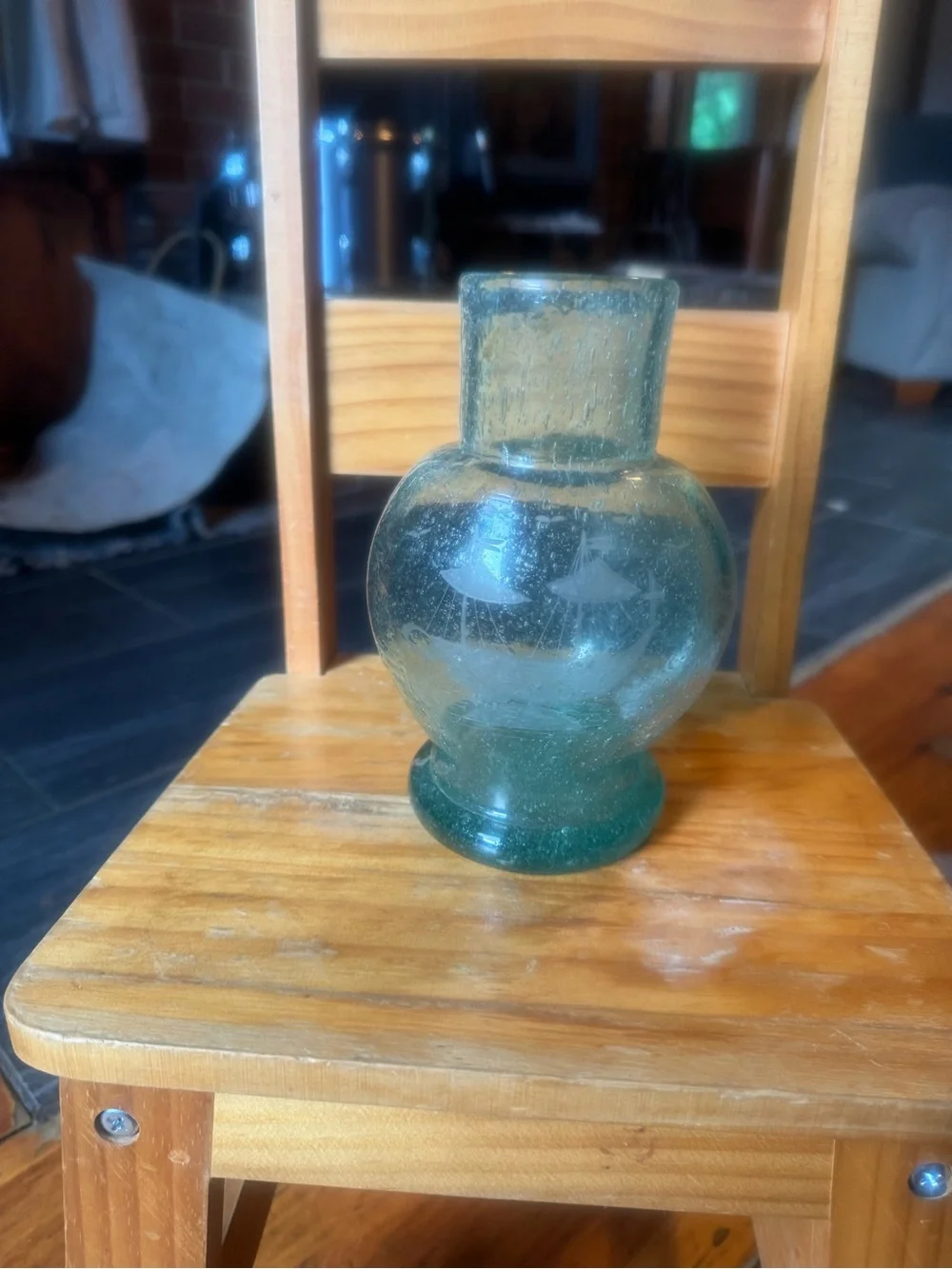Aqua bubble glass handblown vase with boat etching very rare HTF EUC